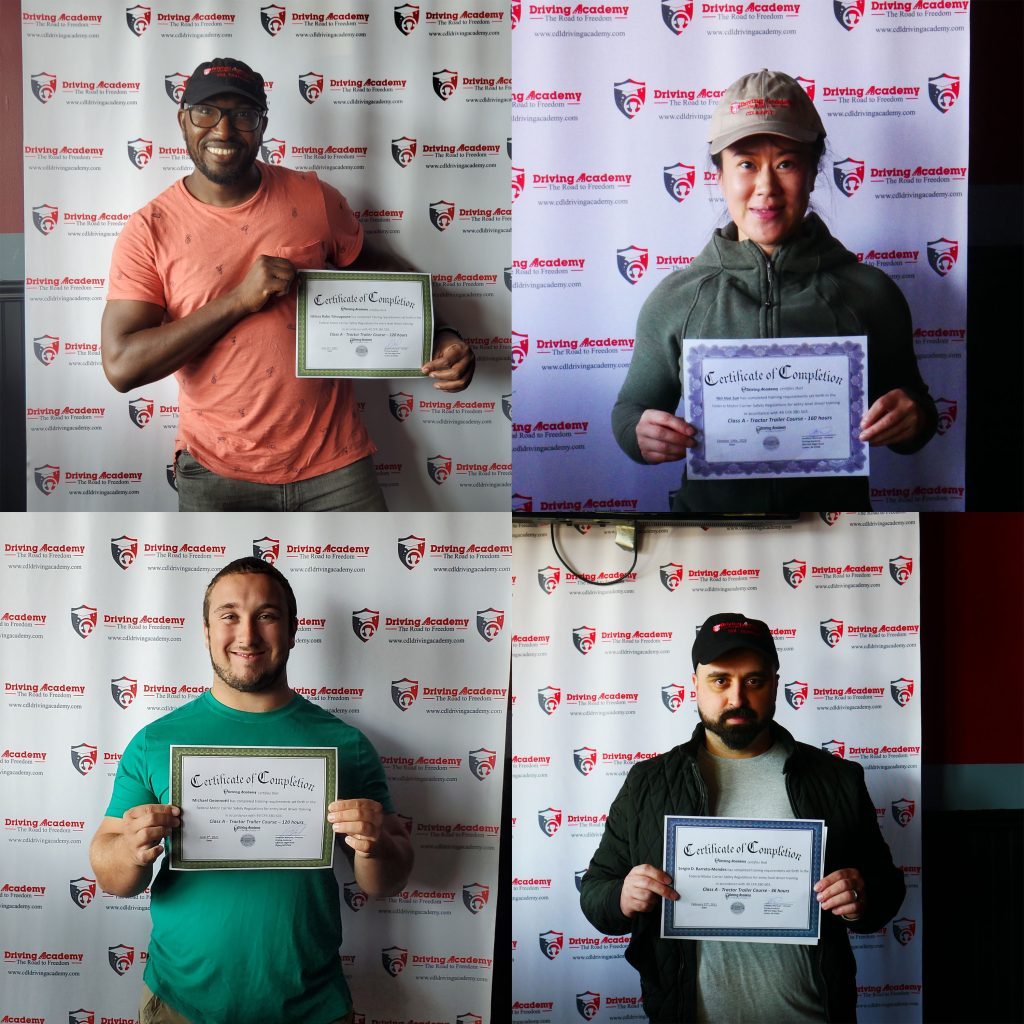 Four students holding CDL program certificates